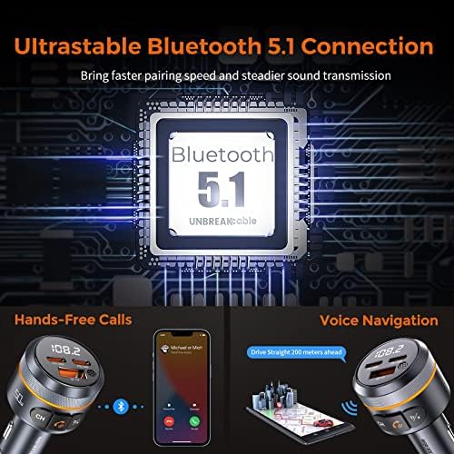 משדר Bluetooth 5.0 FM של 50W לא ניתן לשבירה לרכב, [PD 30W + QC 3.0] כל מתכת 3 מתכת 3 מטען רכב USB HIFI BASS